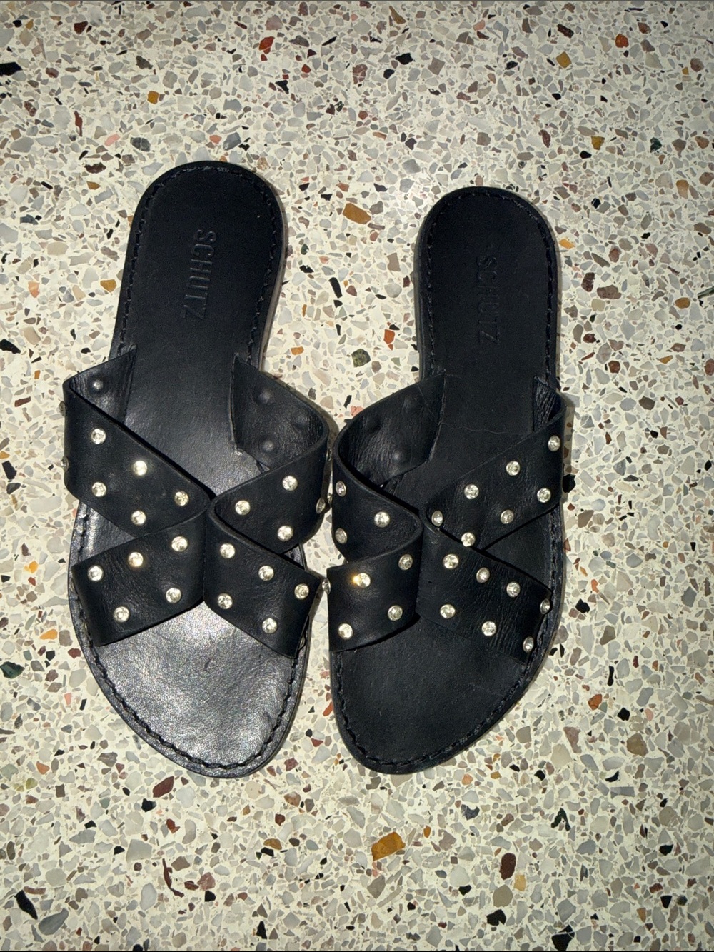 Schutz black flat sandal silver rhinestone 9.5
